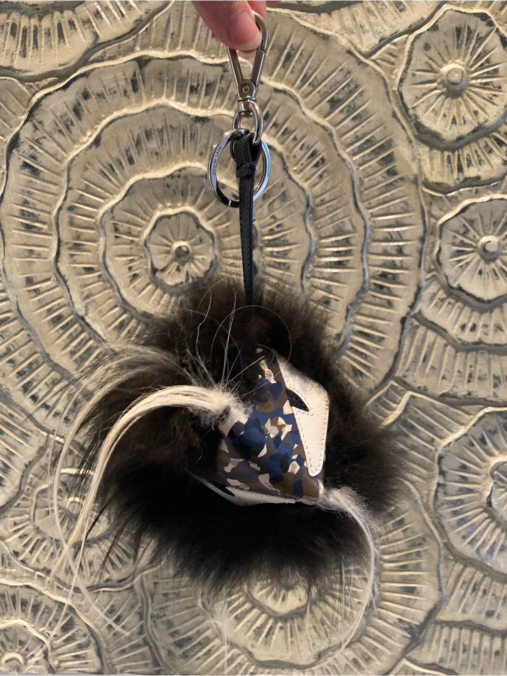Fendi Black Fur Pom Keychain with Blue Camo Heart Charm